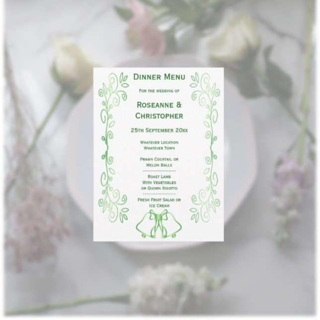 Emerald Green Mariage Menu Card Bells Scrollwork (Emerald wedding menu bells and scrollwork design)