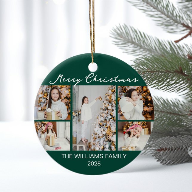 Emerald Green Merry Christmas Photo Collage Keramik Ornament (Von Creator hochgeladen)