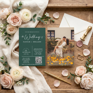 Emerald Green Minimal Wedding Arch QR Code Foto Einladung