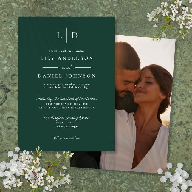 Emerald Green Minimalistisch Monogram Foto Wedding Einladung (Emerald Green Minimalist Monogram Photo Wedding Invitation)