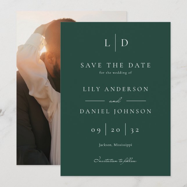 Emerald Green Minimalistisch Monogram Foto Wedding Save The Date (Vorne/Hinten)