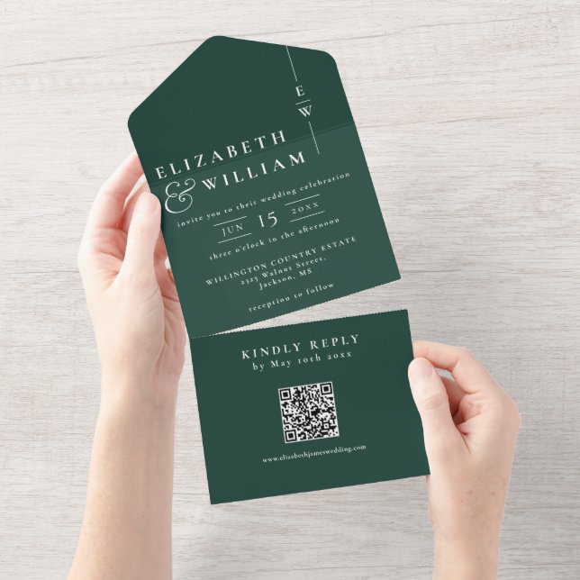 Emerald Green Minimalistisch Monogram QR Code Wedd All In One Einladung (Abreißen)