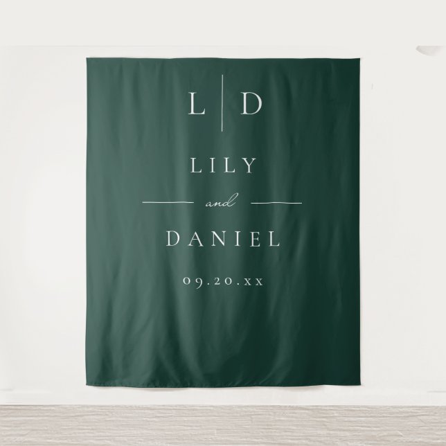Emerald Green Minimalistisch Monogram Wedding Back Wandteppich (Vorderseite)