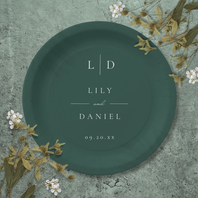 Emerald Green Minimalistisch Monogram Wedding Pappteller (Emerald Green Minimalist Monogram Wedding Paper Plates)