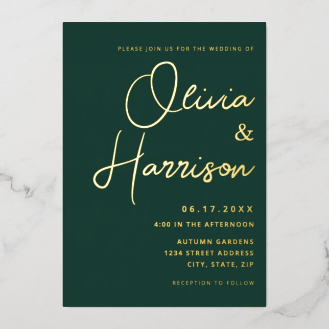 Emerald Green Minimalistisch Script Modern Wedding Folieneinladung (Vorderseite)