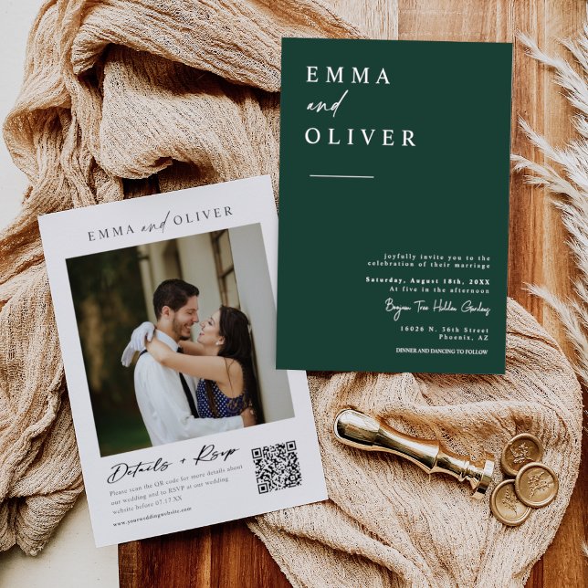 Emerald Green Minimalistisch Wedding Foto QR Code Einladung (Von Creator hochgeladen)
