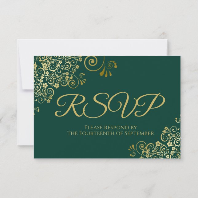 Emerald Green mit eleganter Hochzeit in Gold Lace RSVP Karte (Vorderseite)