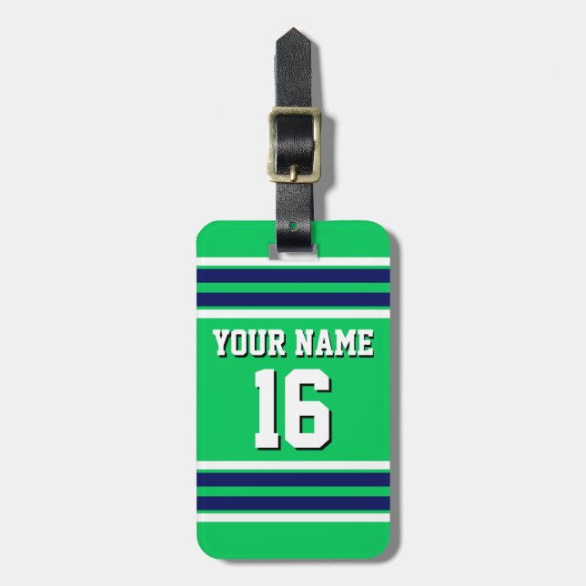 Emerald Green mit Navy White Stripes Team Jersey Gepäckanhänger (Vorderseite vertikal)