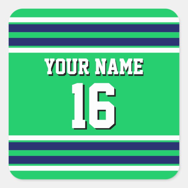Emerald Green mit Navy White Stripes Team Jersey Quadratischer Aufkleber (Vorderseite)
