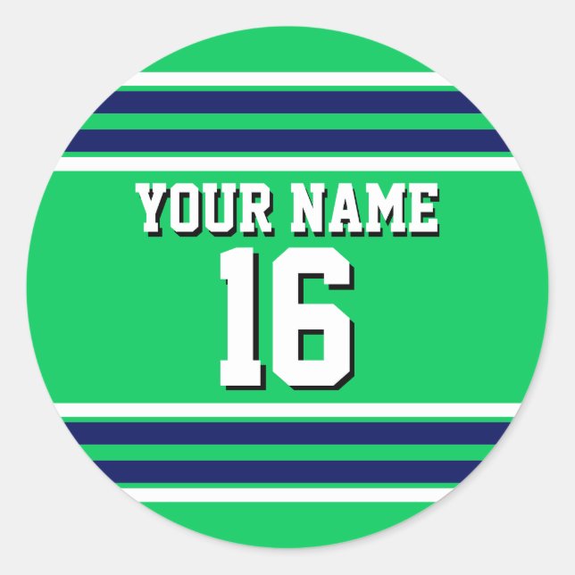 Emerald Green mit Navy White Stripes Team Jersey Runder Aufkleber (Vorderseite)