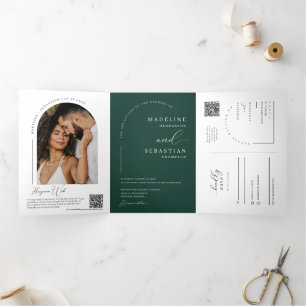 Emerald Green Modern Arch Foto QR Code Wedding Dreifach Gefaltete Einladung