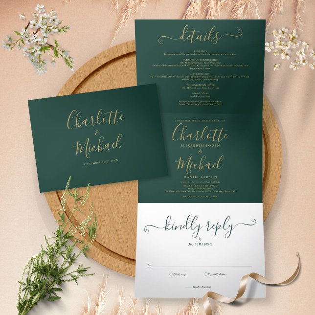 Emerald Green Modern Gold Script Monogram Wedding Dreifach Gefaltete Einladung (Emerald Green Modern Gold Script Monogram Wedding Tri-Fold Invitation)