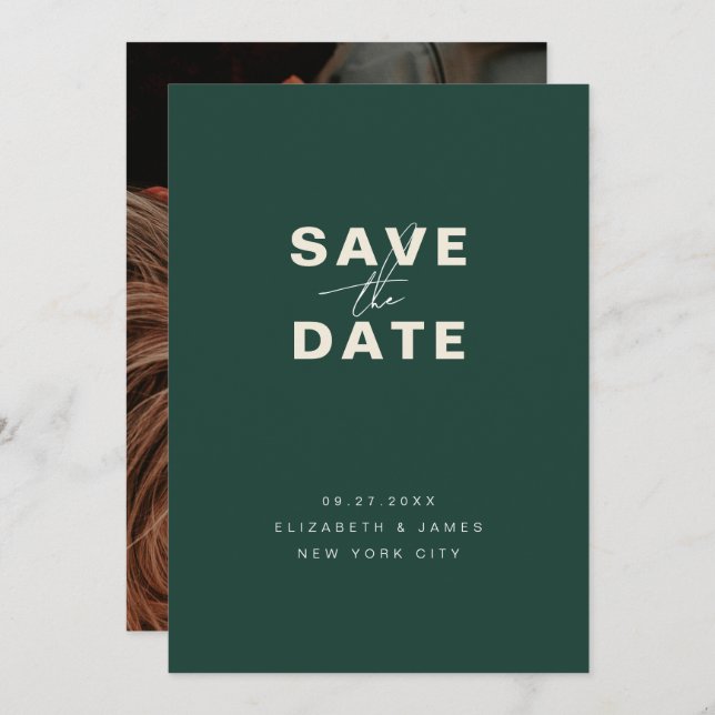 Emerald Green Modern Minimalistisch Save the Date (Vorne/Hinten)