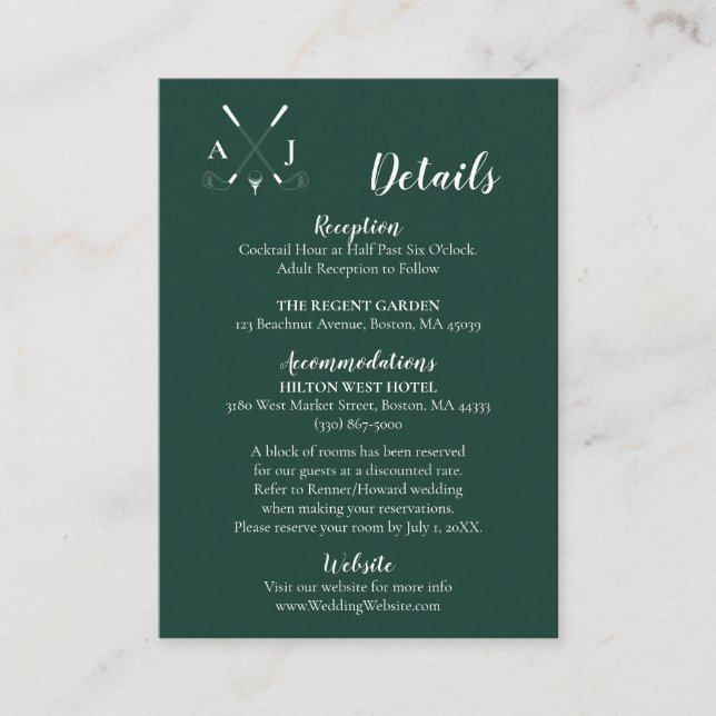 Emerald Green Modern Minimalistische Golfhochzeit Begleitkarte (Vorderseite)
