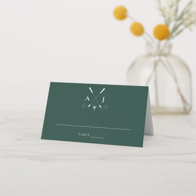 Emerald Green Modern Monogram Golf Wedding Platzkarte (Vorderseite)