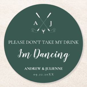 Emerald Green Modern Monogram Golf Wedding Runder Pappuntersetzer