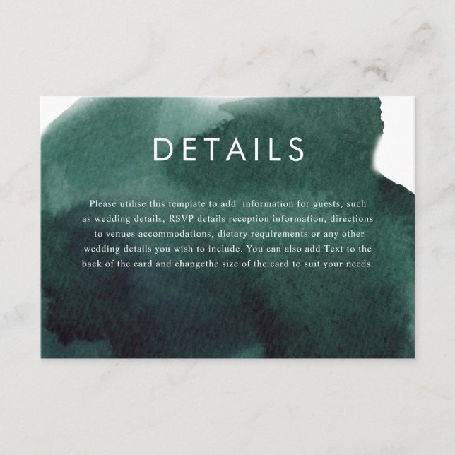 Emerald Green Modern Watercolor Hochzeitdetails Begleitkarte (Vorderseite)