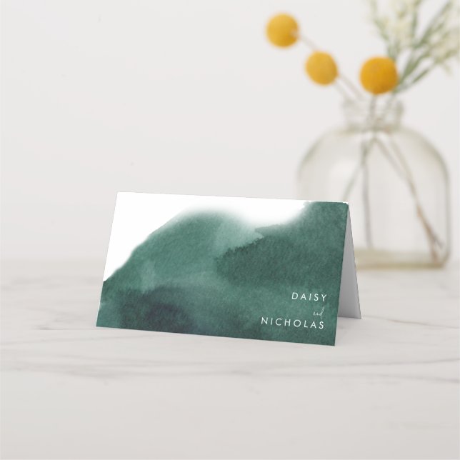 Emerald Green Modern Watercolor Wedding Platzkarte (Vorderseite)