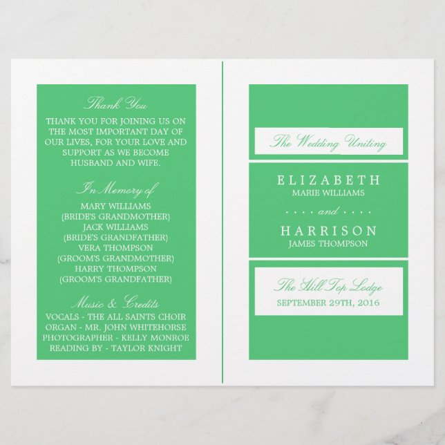 Emerald Green Modern Wedding Bi-fold-Programm (Vorderseite)