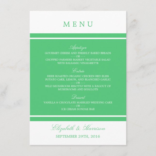 Emerald Green Modern Wedding Menu Menükarte (Vorderseite)