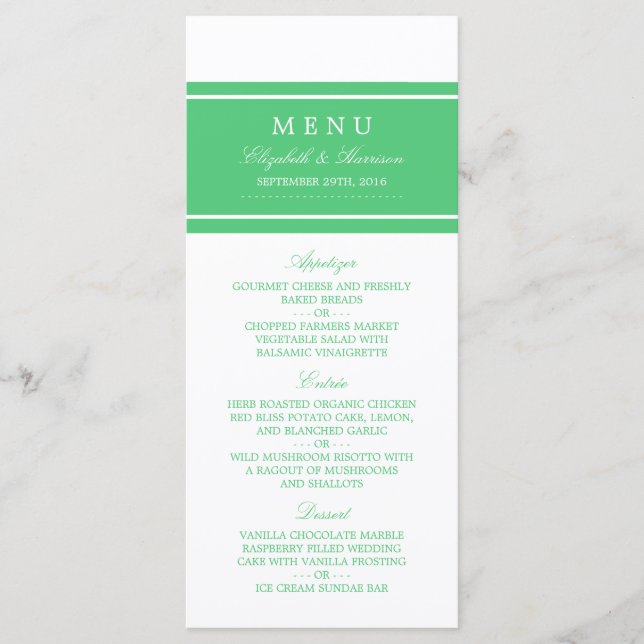 Emerald Green Modern Wedding Menu Menükarte (Vorderseite)