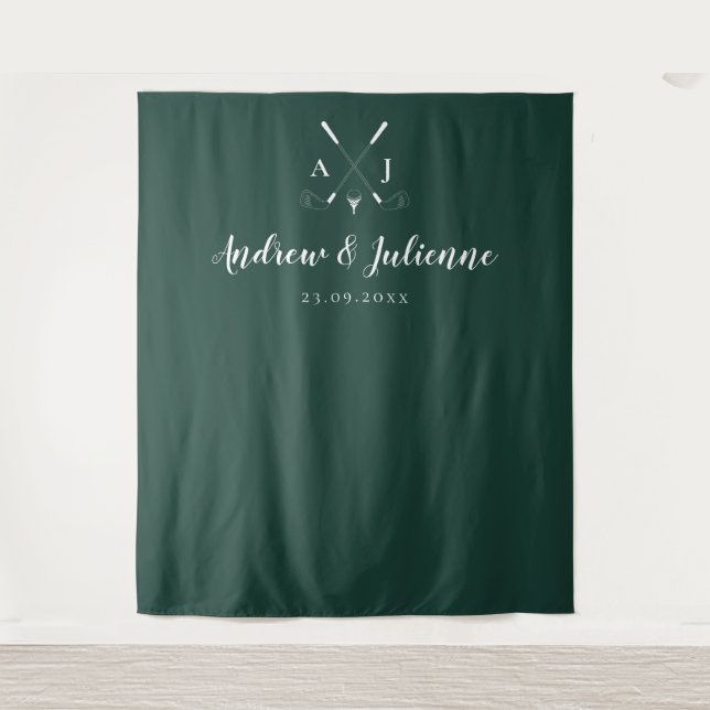 Emerald Green Monogram Golf Wedding Foto Hintergru Wandteppich (Vorderseite)