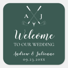 Emerald Green Monogram Golf Wedding Welcome Bag Quadratischer Aufkleber