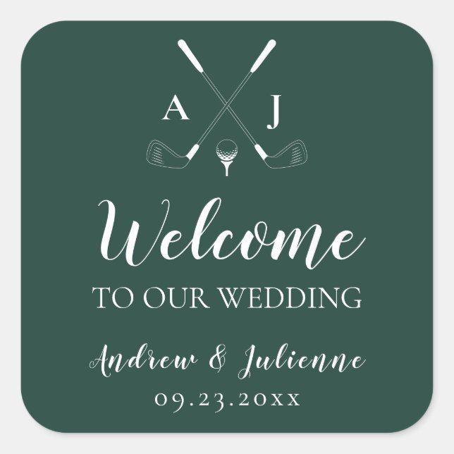 Emerald Green Monogram Golf Wedding Welcome Bag Quadratischer Aufkleber (Vorderseite)