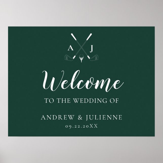 Emerald Green Monogram Golf Wedding Willkommen Poster (Vorne)