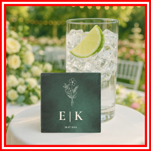 Emerald Green Monogram Wildblume Wedding Steinuntersetzer