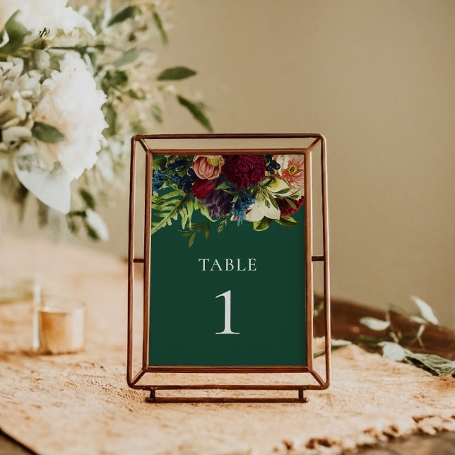 Emerald Green Moody Floral Burgundy Wedding Tischnummer (Von Creator hochgeladen)