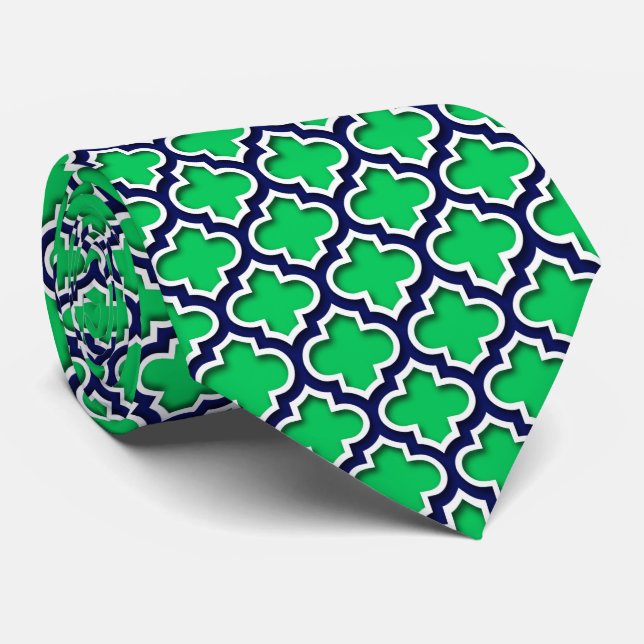 Emerald Green Navy White marokkanisches Quatrefoli Krawatte (Gerollt)