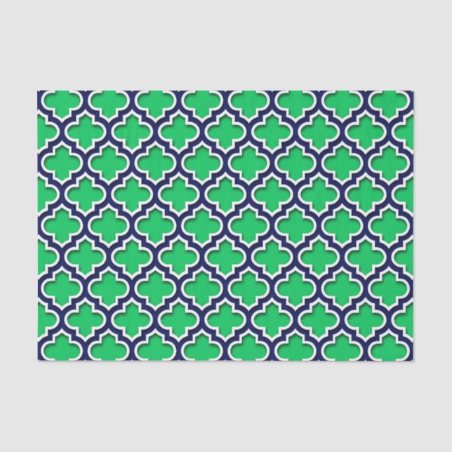 Emerald Green Navy White marokkanisches Quatrefoli Seidenpapier (Vorderseite)
