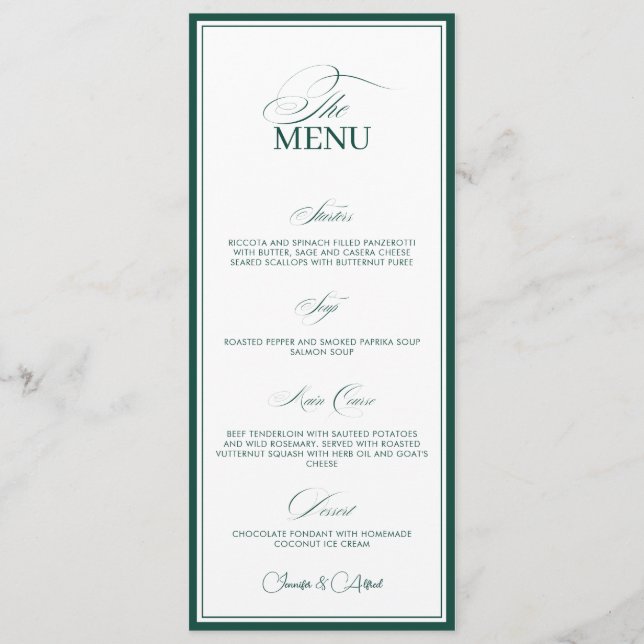 Emerald Green Old Money Wedding Dinner Menu Card (Devant)