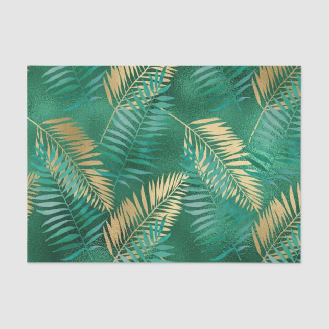 Emerald Green Palm Leaf Hell Goldener Dschungel Seidenpapier (Vorderseite)