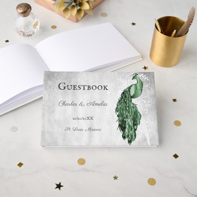 Emerald Green Peacock Mariage livre d'hôtes (Recto ouvert)