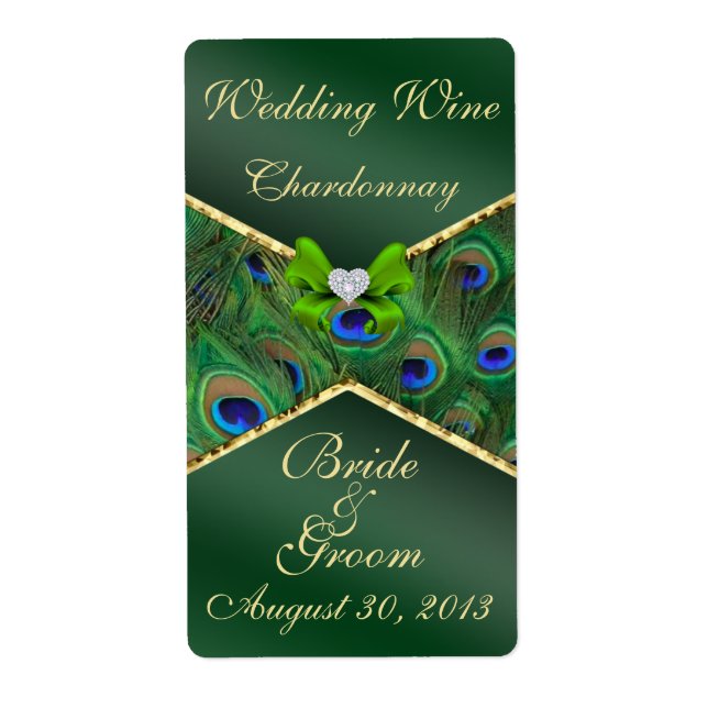 Emerald Green Peacock Wedding Wine Label (Vorne)