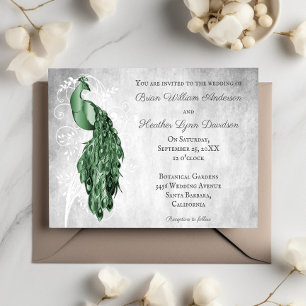 Emerald Green Peacock White Botanical Wedding Einladung