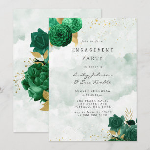 Emerald Green Peony and Gold Engagement Party Einladung