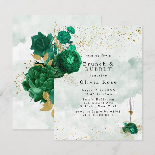 Emerald Green Peony Gold Brunch & Bubbly Einladung (Vorne/Hinten)