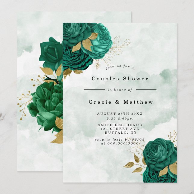 Emerald Green Peony Gold Couples Showeinladungen (Vorne/Hinten)
