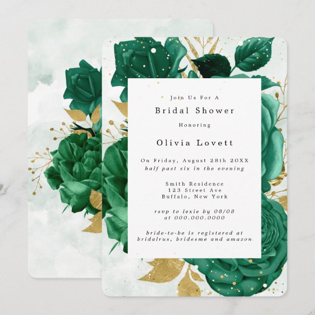 Emerald Green Peony Gold Glitzer Brautparty Einladung (Vorne/Hinten)