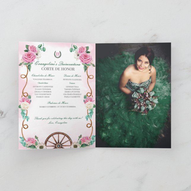 Emerald Green Pink Charro Quinceanera Foto hinzufü Einladung (Innenseite)