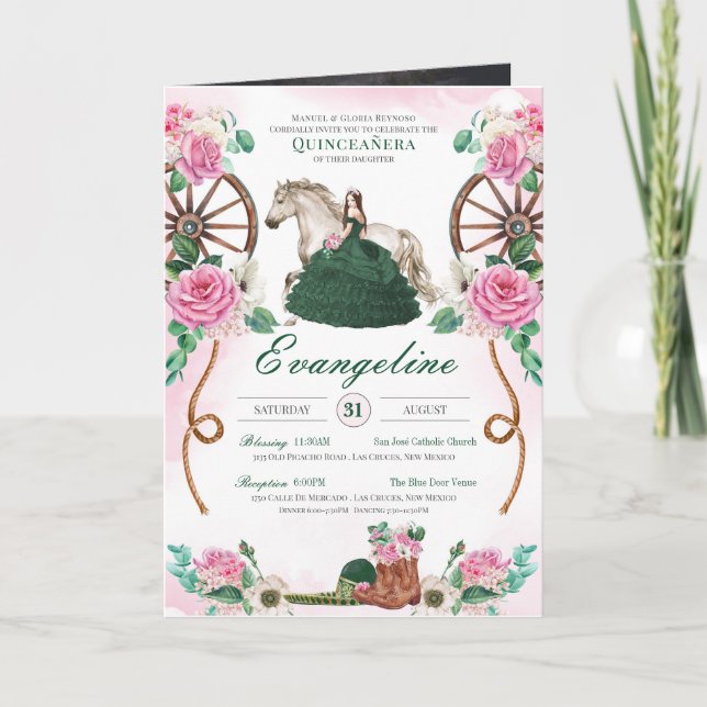 Emerald Green Pink Charro Western Foto Quinceaños Einladung (Vorderseite)