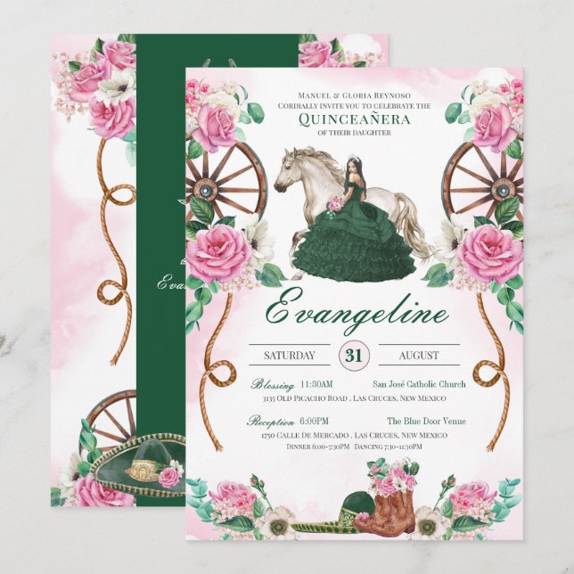 Emerald Green & Pink Floral Charro Quinceanera Einladung (Vorne/Hinten)