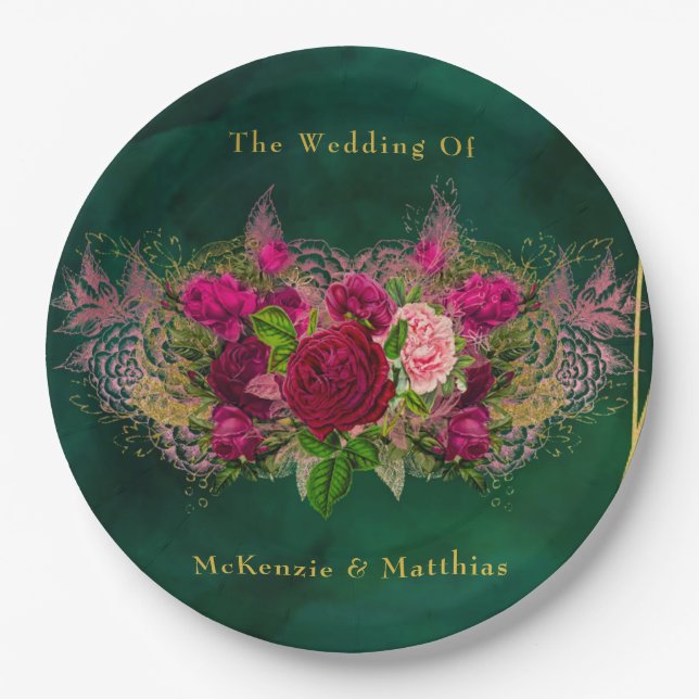 Emerald Green Pink Peony Rose Hochzeit Pappteller (Vorderseite)
