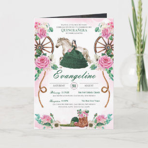Emerald Green Pink Rose Charro Quinceanera Foto Einladung
