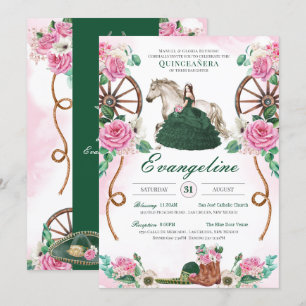 Emerald Green Pink Rose Rustic Charro Quinceañera Einladung