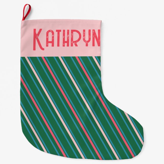 Emerald Green Pink Stripe Girls Großer Weihnachtsstrumpf (Vorderseite)