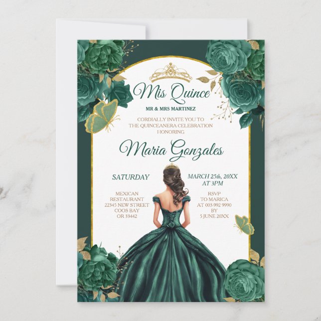 Emerald Green Princess Floral Quinceañera Einladung (Vorderseite)